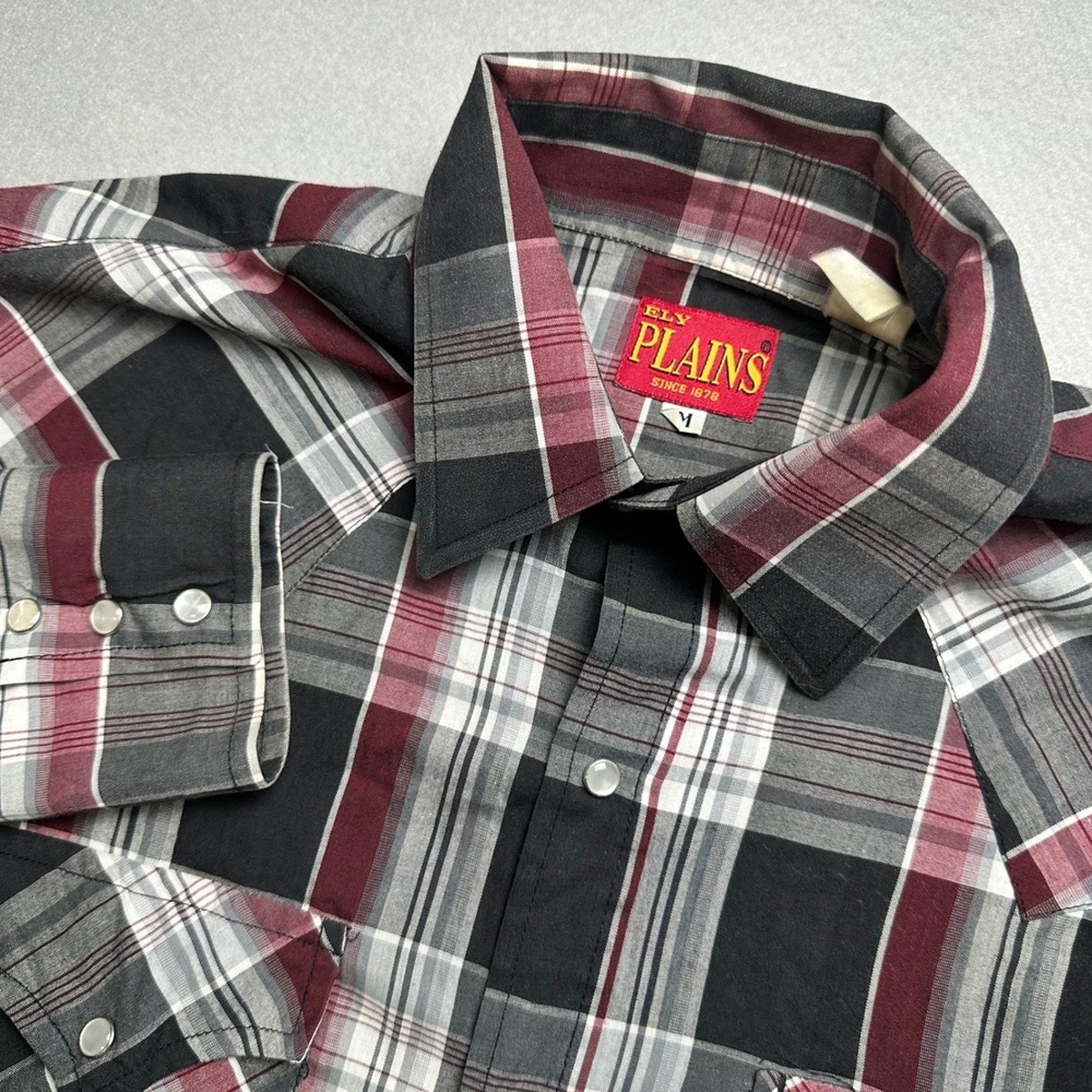 Ely Plains Western Shirt Mens Medium Black Burgundy Plaid Pearl Snap Yoke 0551